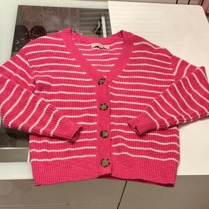 LOFT Pink and White Striped Cardigan